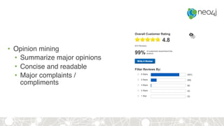 • Opinion mining
• Summarize major opinions
• Concise and readable
• Major complaints /
compliments
 