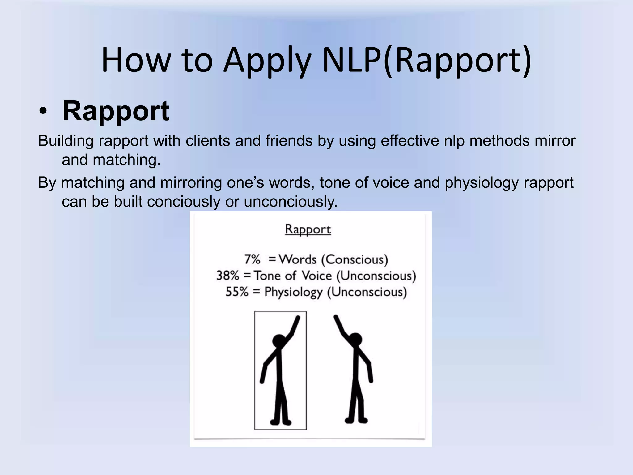 How to Apply NLP(Rapport)
• Rapport
Building rapport with clients and friends by using effective nlp methods mirror
and matching.
By matching and mirroring one’s words, tone of voice and physiology rapport
can be built conciously or unconciously.
 