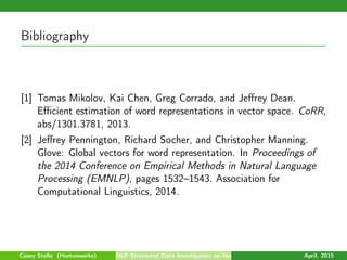 Bibliography
[1] Tomas Mikolov, Kai Chen, Greg Corrado, and Jeﬀrey Dean.
Eﬃcient estimation of word representations in vector space. CoRR,
abs/1301.3781, 2013.
[2] Jeﬀrey Pennington, Richard Socher, and Christopher Manning.
Glove: Global vectors for word representation. In Proceedings of
the 2014 Conference on Empirical Methods in Natural Language
Processing (EMNLP), pages 1532–1543. Association for
Computational Linguistics, 2014.
Casey Stella (Hortonworks) NLP Structured Data Investigation on Non-Text April, 2015
 