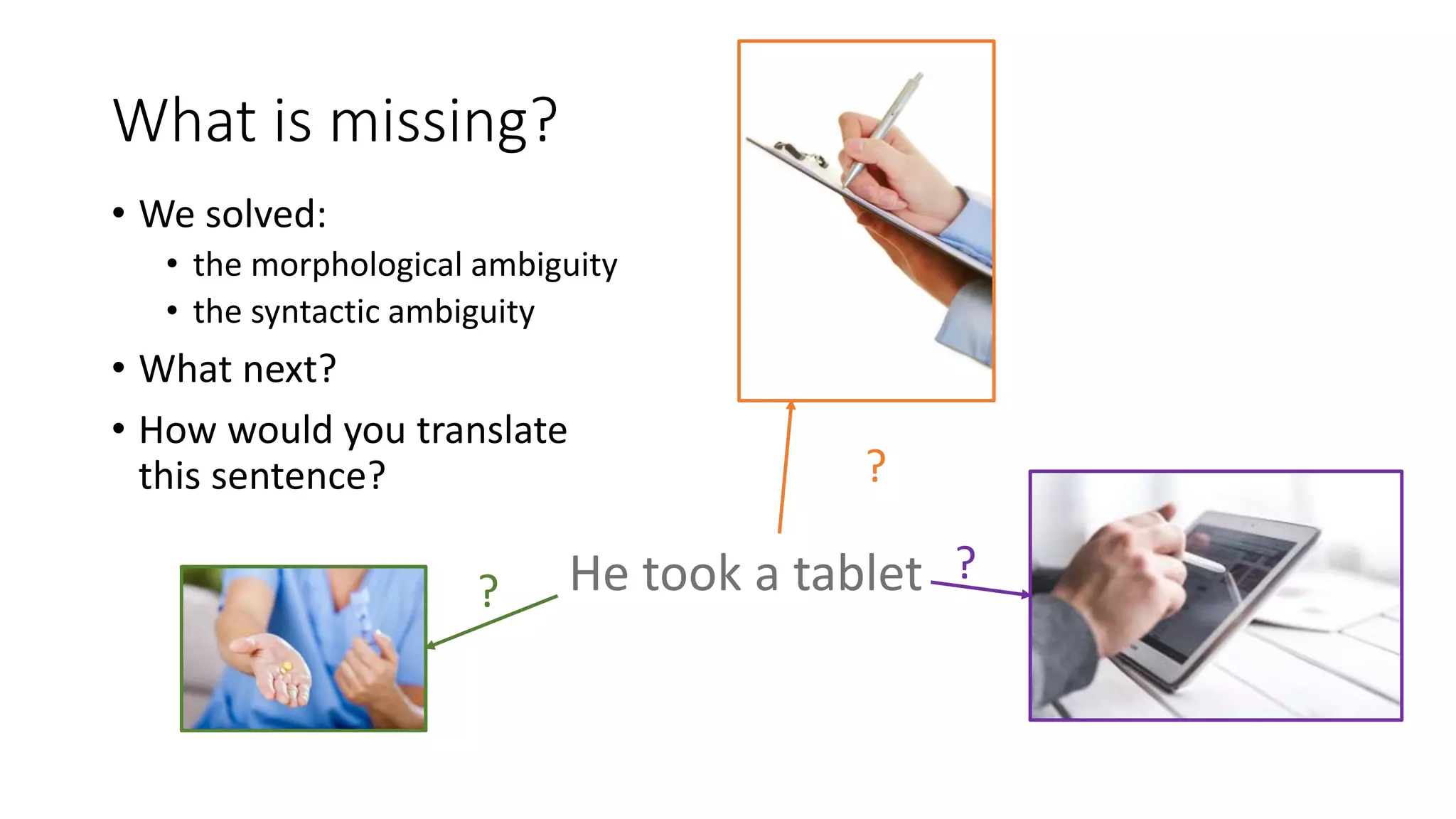 What is missing?
• We solved:
• the morphological ambiguity
• the syntactic ambiguity
• What next?
• How would you translate
this sentence?
He took a tablet?
?
?
 