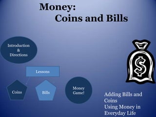 Money:
                  Coins and Bills

Introduction
     &
 Directions



               Lessons



                          Money
  Coins           Bills   Game!   Adding Bills and
                                  Coins
                                  Using Money in
                                  Everyday Life
 