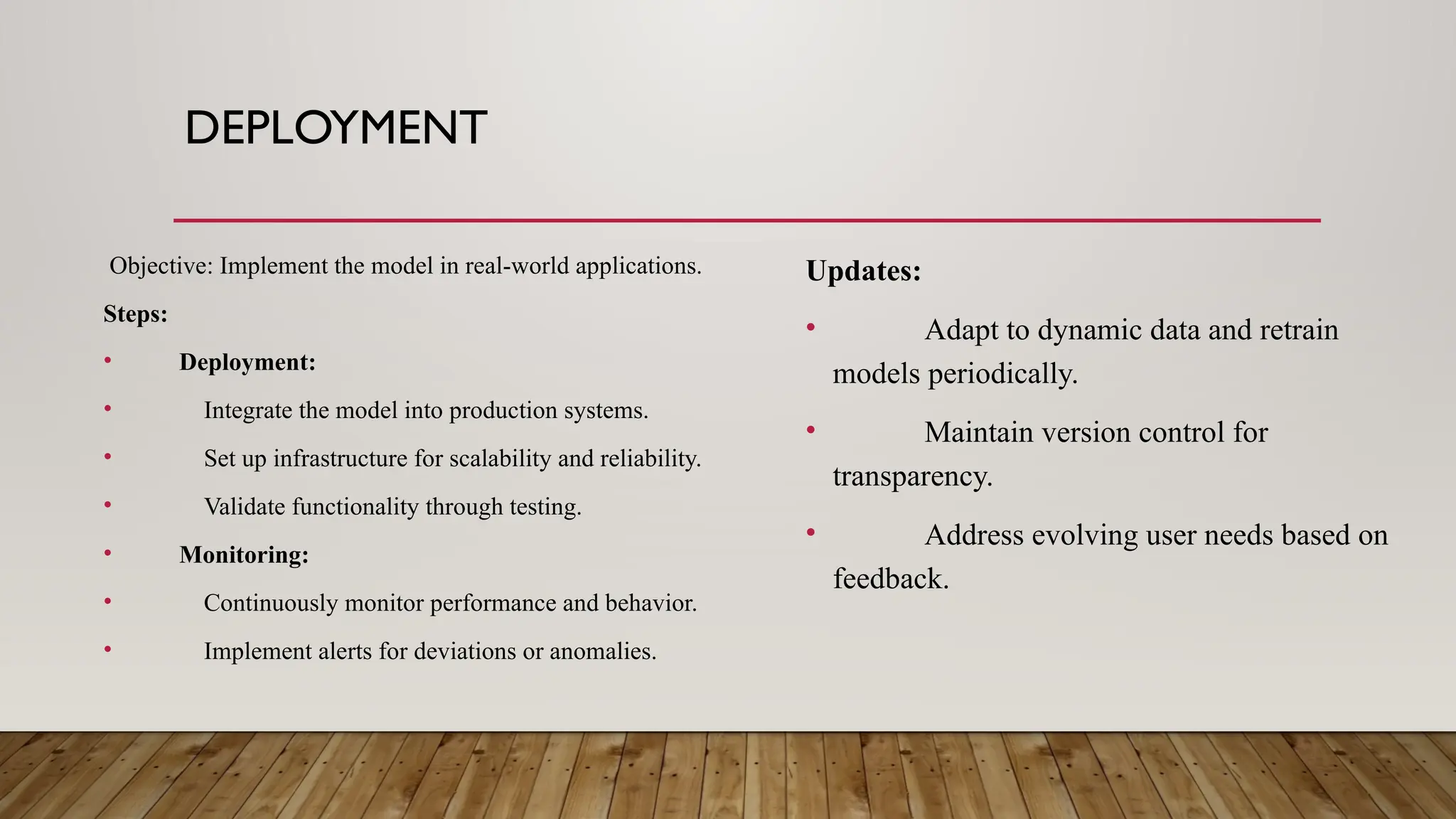 DEPLOYMENT
Objective: Implement the model in real-world applications.
Steps:
• Deployment:
• Integrate the model into production systems.
• Set up infrastructure for scalability and reliability.
• Validate functionality through testing.
• Monitoring:
• Continuously monitor performance and behavior.
• Implement alerts for deviations or anomalies.
Updates:
• Adapt to dynamic data and retrain
models periodically.
• Maintain version control for
transparency.
• Address evolving user needs based on
feedback.
 
