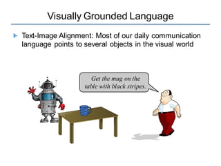 Visually Grounded Language
Get the mug on the
table with black stripes.
Text-Image Alignment: Most of our daily communication
language points to several objects in the visual world
 