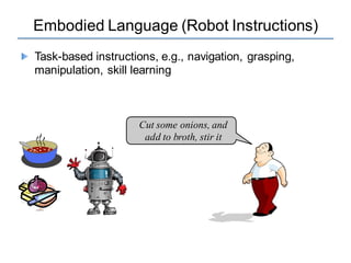 Embodied Language (Robot Instructions)
Cut some onions, and
add to broth, stir it
Task-based instructions, e.g., navigation, grasping,
manipulation, skill learning
 