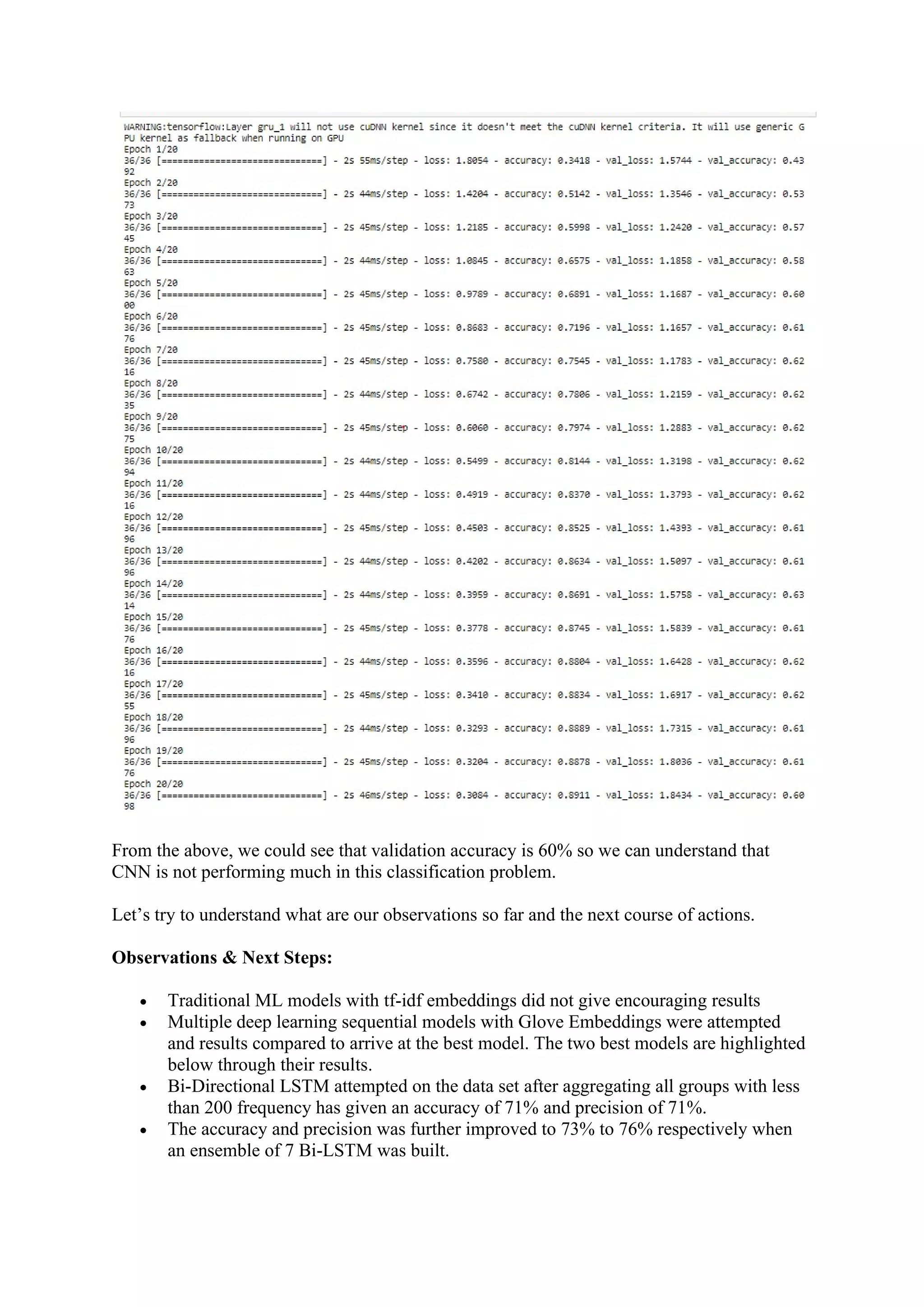 From the above, we could see that validation accuracy is 60% so we can understand that CNN is not performing much in this classification problem. Let’s try to understand what are our observations so far and the next course of actions. Observations & Next Steps:  Traditional ML models with tf-idf embeddings did not give encouraging results  Multiple deep learning sequential models with Glove Embeddings were attempted and results compared to arrive at the best model. The two best models are highlighted below through their results.  Bi-Directional LSTM attempted on the data set after aggregating all groups with less than 200 frequency has given an accuracy of 71% and precision of 71%.  The accuracy and precision was further improved to 73% to 76% respectively when an ensemble of 7 Bi-LSTM was built. 