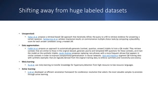 Shifting away from huge labeled datasets
• Unsupervised:
• Yadav et al. propose a retrieval-based QA approach that iteratively refines the query to a KB to retrieve evidence for answering a
certain question. Tamborrino et al. achieve impressive results on commonsense multiple choice tasks by computing a plausibility
score for each answer candidate using a masked LM.
• Data augmentation:
• Fabbri et al. propose an approach to automatically generate (context, question, answer) triplets to train a QA model. They retrieve
contexts that are similar to those in the original dataset, generate yes/no and templated WH questions for these contexts, and train
the model on the synthetic triplets. Jacob Andreas proposes replacing rare phrases with a more frequent phrase that appears in
similar contexts in order to improve compositional generalization in neural networks. Asai and Hajishirzi augment QA training data
with synthetic examples that are logically derived from the original training data, to enforce symmetry and transitivity consistency.
• Meta learning:
• Yu et al. use meta learning to transfer knowledge for hypernymy detection from high-resource to low-resource languages.
• Active learning:
• Li et al. developed an efficient annotation framework for coreference resolution that selects the most valuable samples to annotate
through active learning.
 