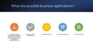What are possible business applications?
THE ALBERT LANGUAGE
MODEL CAN BE LEVERAGED IN
THE BUSINESSSETTING TO
IMPROVEPERFORMANCEON A
WIDE RANGE OF
DOWNSTREAMTASKS,
INCLUDINGCHATBOT
PERFORMANCE,
SENTIMENT ANALYSIS, DOCUMENT MINING,AND TEXT CLASSIFICATION.
 