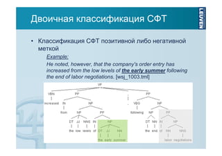 Двоичная классификация СФТ
• Классификация СФТ позитивной либо негативной
меткой
Example:
He noted, however, that the company's order entry has
increased from the low levels of the early summer following
the end of labor negotiations. [wsj_1003.tml]

 