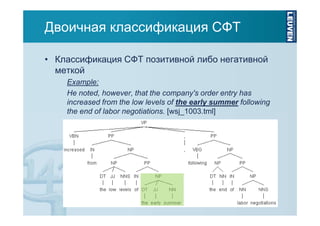 Двоичная классификация СФТ
• Классификация СФТ позитивной либо негативной
меткой
Example:
He noted, however, that the company's order entry has
increased from the low levels of the early summer following
the end of labor negotiations. [wsj_1003.tml]

 