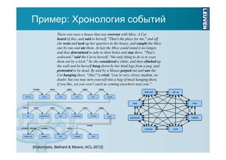 Пример: Хронология событий
There was once a house that was overrun with Mice. A Cat
heard of this, and said to herself, "That’s the place for me," and off
she went and took up her quarters in the house, and caught the Mice
one by one and ate them. At last the Mice could stand it no longer,
and they determined to take to their holes and stay there. "That’s
awkward," said the Cat to herself: "the only thing to do is to coax
them out by a trick." So she considered a while, and then climbed up
the wall and let herself hang down by her hind legs from a peg, and
pretended to be dead. By and by a Mouse peeped out and saw the
Cat hanging there. "Aha!" it cried, "you’re very clever, madam, no
doubt: but you may turn yourself into a bag of meal hanging there,
if you like, yet you won’t catch us coming anywhere near you."

[Kolomiyets, Bethard & Moens, ACL-2012]

 