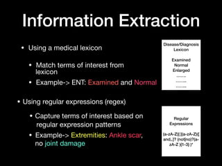 • Using a medical lexicon

• Match terms of interest from 

• Example-> ENT: Examined and Normal
Information Extraction
Disease/Diagnosis
Lexicon
Examined
Normal
Enlarged
…….
……..
……..
Regular
Expressions
(a-zA-Z)[:](a-zA-Z)([
and,.]? (not|no)?(a-
zA-Z ){1-3} )*
lexicon
• Using regular expressions (regex)
• Capture terms of interest based on
regular expression patterns
• Example-> Extremities: Ankle scar,
no joint damage
 