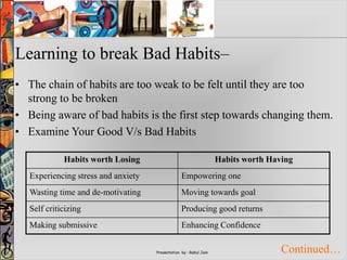 Presentation by : Rahul Jain
Learning to break Bad Habits–
• The chain of habits are too weak to be felt until they are too
strong to be broken
• Being aware of bad habits is the first step towards changing them.
• Examine Your Good V/s Bad Habits
Habits worth Losing Habits worth Having
Experiencing stress and anxiety Empowering one
Wasting time and de-motivating Moving towards goal
Self criticizing Producing good returns
Making submissive Enhancing Confidence
Continued…
 