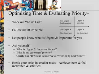 Presentation by : Rahul Jain
Optimizing Time & Evaluating Priority–
• Work out “To do List”
• Follow 80/20 Principle
• Let people know what is Urgent & Important for you
• Ask yourself –
– What is Urgent & Important for me?
– What is my customers’ priority?
– Clarify like “If we can deliver ‘X’ at ‘Y’ price by next week?”
• Break your tasks in smaller tasks – Achieve them & feel
motivated & satisfied
Urgent &
Important
Urgent &
Un-Important
Not-Urgent
but Important
Not-Urgent &
Not-Important
 