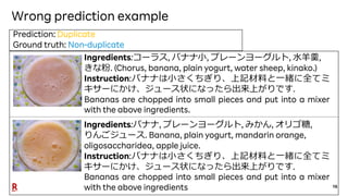 16
Wrong prediction example
Ingredients:コーラス, バナナ⼩, プレーンヨーグルト, ⽔⽺羹,
きな粉. (Chorus, banana, plain yogurt, water sheep, kinak...