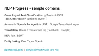 NLP Progress - sample domains
Cross lingual Text Classification: pyTorch - LASER
Text Classification (English): ULMFiT
Aut...