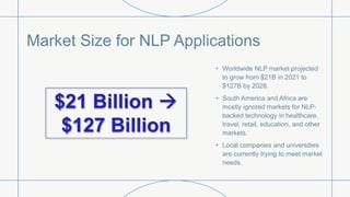 Market Size for NLP Applications
• Worldwide NLP market projected
to grow from $21B in 2021 to
$127B by 2028.
• South America and Africa are
mostly ignored markets for NLP-
backed technology in healthcare,
travel, retail, education, and other
markets.
• Local companies and universities
are currently trying to meet market
needs.
 