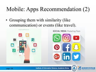 Mobile: Apps Recommendation (2)
• Grouping them with similarity (like
communication) or events (like travel).
page 139
 