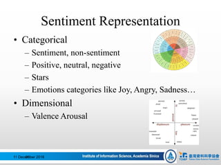 Sentiment Representation
• Categorical
– Sentiment, non-sentiment
– Positive, neutral, negative
– Stars
– Emotions categories like Joy, Angry, Sadness…
• Dimensional
– Valence Arousal
11 December 201680
 