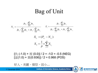 [仇 (-1.0) + 視 (0.0)] / 2 = -1/2 = -0.5 (NEG)
[富(1.0) + 貴(0.936)] / 2 = 0.968 (POS)
好人、美麗、憤怒、弱小…





 m
j
cc
n
j
cc
m
j
cc
c
jiji
ji
i
fnfnfpfp
fnfn
N
11
1
//
/
)( iii ccc NPS 


p
j
cw j
S
p
S
1
1





 m
j
cc
n
j
cc
n
j
cc
c
jiji
ji
i
fnfnfpfp
fpfp
P
11
1
//
/
99
Bag of Unit
11 December 2016
 