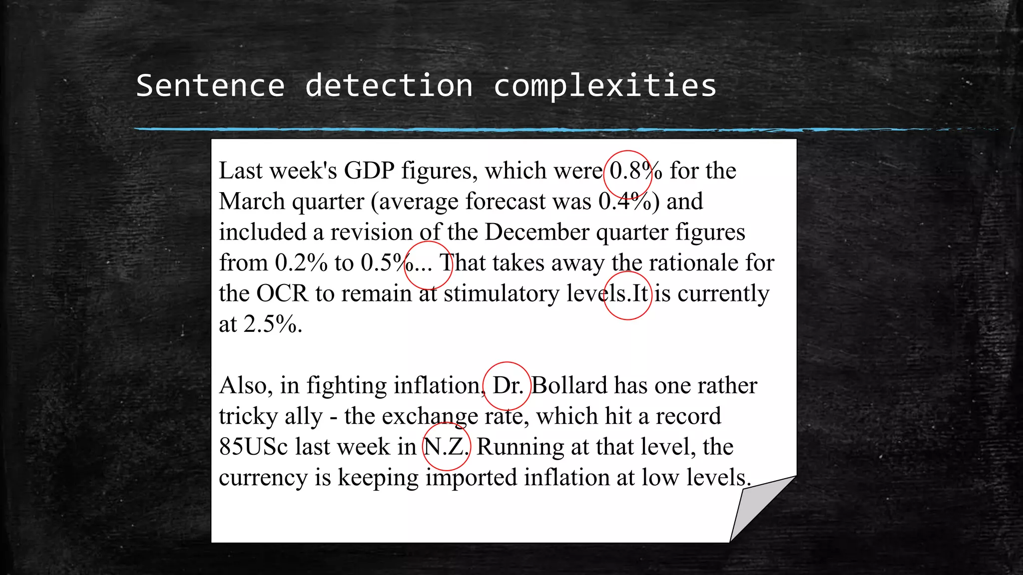 Sentence detection complexities Last week's GDP figures, which were 0.8% for the March quarter (average forecast was 0.4%) and included a revision of the December quarter figures from 0.2% to 0.5%... That takes away the rationale for the OCR to remain at stimulatory levels.It is currently at 2.5%. Also, in fighting inflation, Dr. Bollard has one rather tricky ally - the exchange rate, which hit a record 85USc last week in N.Z. Running at that level, the currency is keeping imported inflation at low levels. 