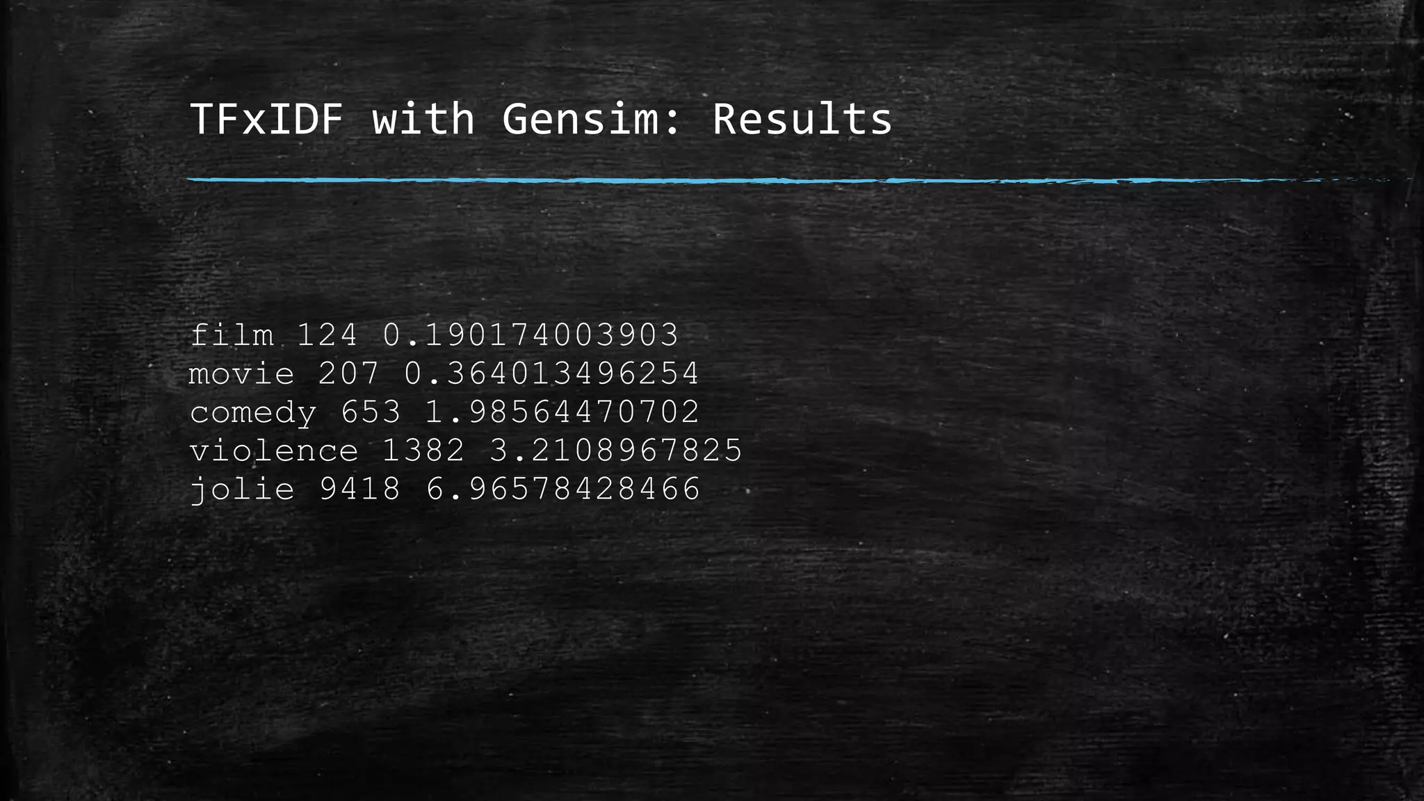 TFxIDF with Gensim: Results film 124 0.190174003903 movie 207 0.364013496254 comedy 653 1.98564470702 violence 1382 3.2108967825 jolie 9418 6.96578428466 