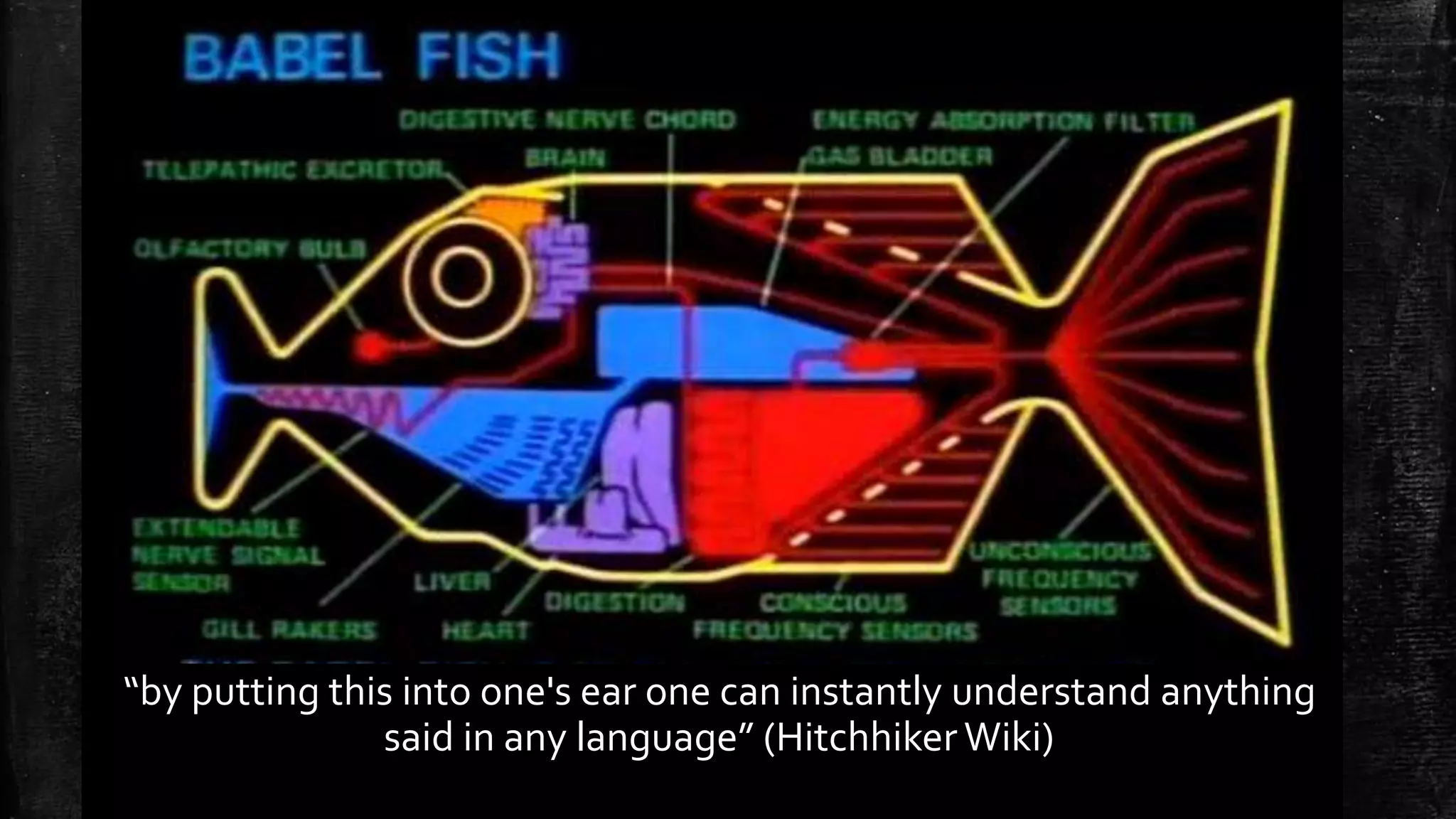 “by putting this into one's ear one can instantly understand anything said in any language” (Hitchhiker Wiki) 
