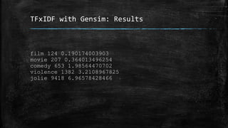 TFxIDF with Gensim: Results 
film 124 0.190174003903 
movie 207 0.364013496254 
comedy 653 1.98564470702 
violence 1382 3.2108967825 
jolie 9418 6.96578428466 
 