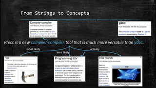 From Strings to Concepts 
Precc is a new compiler-compiler tool that is much more versatile than yacc. 
most likely 
less likely 
unlikely 
✓ 
 