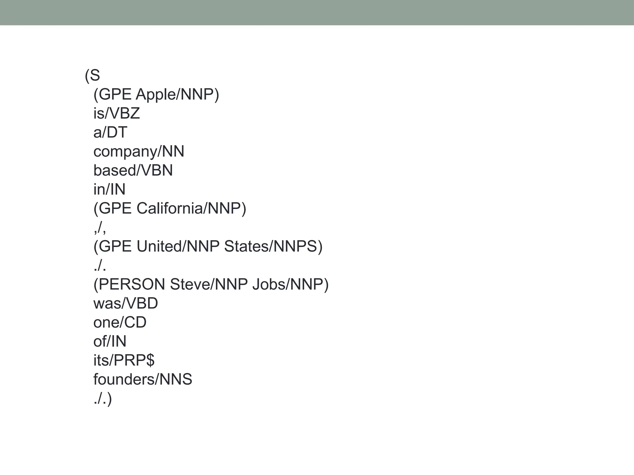 (S (GPE Apple/NNP) is/VBZ a/DT company/NN based/VBN in/IN (GPE California/NNP) ,/, (GPE United/NNP States/NNPS) ./. (PERSON Steve/NNP Jobs/NNP) was/VBD one/CD of/IN its/PRP$ founders/NNS ./.) 