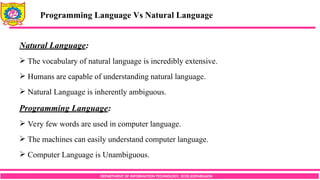 DEPARTMENT OF INFORMATION TECHNOLOGY, SCOE,KOPARGAON
Natural Language:
 The vocabulary of natural language is incredibly extensive.
 Humans are capable of understanding natural language.
 Natural Language is inherently ambiguous.
Programming Language:
 Very few words are used in computer language.
 The machines can easily understand computer language.
 Computer Language is Unambiguous.
Programming Language Vs Natural Language
 