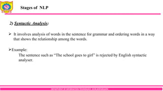 DEPARTMENT OF INFORMATION TECHNOLOGY, SCOE,KOPARGAON
Stages of NLP
2) Syntactic Analysis:
 It involves analysis of words in the sentence for grammar and ordering words in a way
that shows the relationship among the words.
Example:
The sentence such as “The school goes to girl” is rejected by English syntactic
analyser.
 