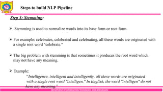 DEPARTMENT OF INFORMATION TECHNOLOGY, SCOE,KOPARGAON
Steps to build NLP Pipeline
Step 3: Stemming:
 Stemming is used to normalize words into its base form or root form.
 For example: celebrates, celebrated and celebrating, all these words are originated with
a single root word "celebrate."
 The big problem with stemming is that sometimes it produces the root word which
may not have any meaning.
 Example:
“Intelligence, intelligent and intelligently, all these words are originated
with a single root word "intelligen." In English, the word "intelligen" do not
have any meaning.”
 