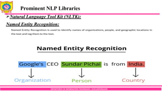 DEPARTMENT OF INFORMATION TECHNOLOGY, SCOE,KOPARGAON
Natural Language Tool Kit (NLTK):
Named Entity Recognition:
Prominent NLP Libraries
 