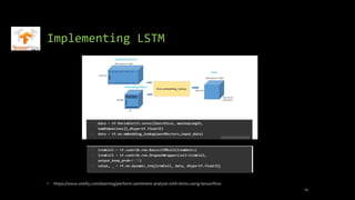 Implementing LSTM
• https://www.oreilly.com/learning/perform-sentiment-analysis-with-lstms-using-tensorflow
14
 