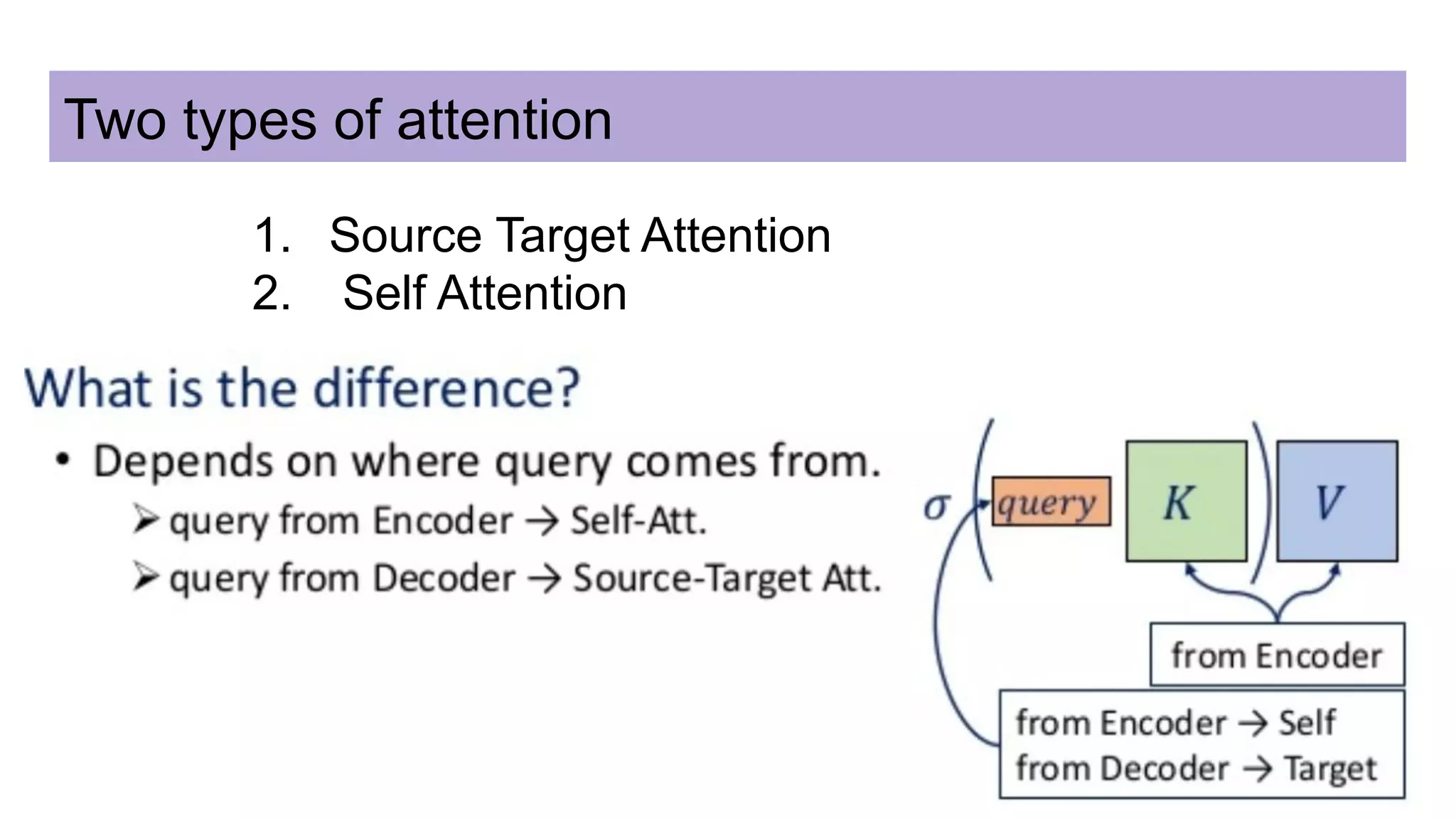 Two types of attention
1. Source Target Attention
2. Self Attention
 