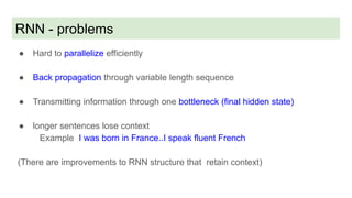 RNN - problems
● Hard to parallelize efficiently
● Back propagation through variable length sequence
● Transmitting information through one bottleneck (final hidden state)
● longer sentences lose context
Example I was born in France..I speak fluent French
(There are improvements to RNN structure that retain context)
 