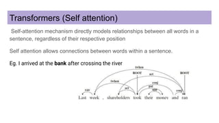 Transformers (Self attention)
Self-attention mechanism directly models relationships between all words in a
sentence, regardless of their respective position
Self attention allows connections between words within a sentence.
Eg. I arrived at the bank after crossing the river
 