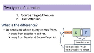 Two types of attention
1. Source Target Attention
2. Self Attention
 