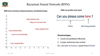 10-12-2021 Webinar on NLP 13
Recurrent Neural Network (RNN)
RNN learns Sentence Representations and Relationships RNN can predict next word
Disadvantages:
1. Could not parallelize efficiently
2. Longer sentences lose context
Ex: I am born in France, I speak fluent French
 