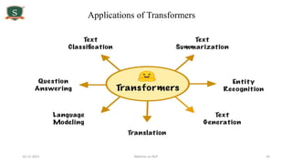 10-12-2021 Webinar on NLP 24
Applications of Transformers
 