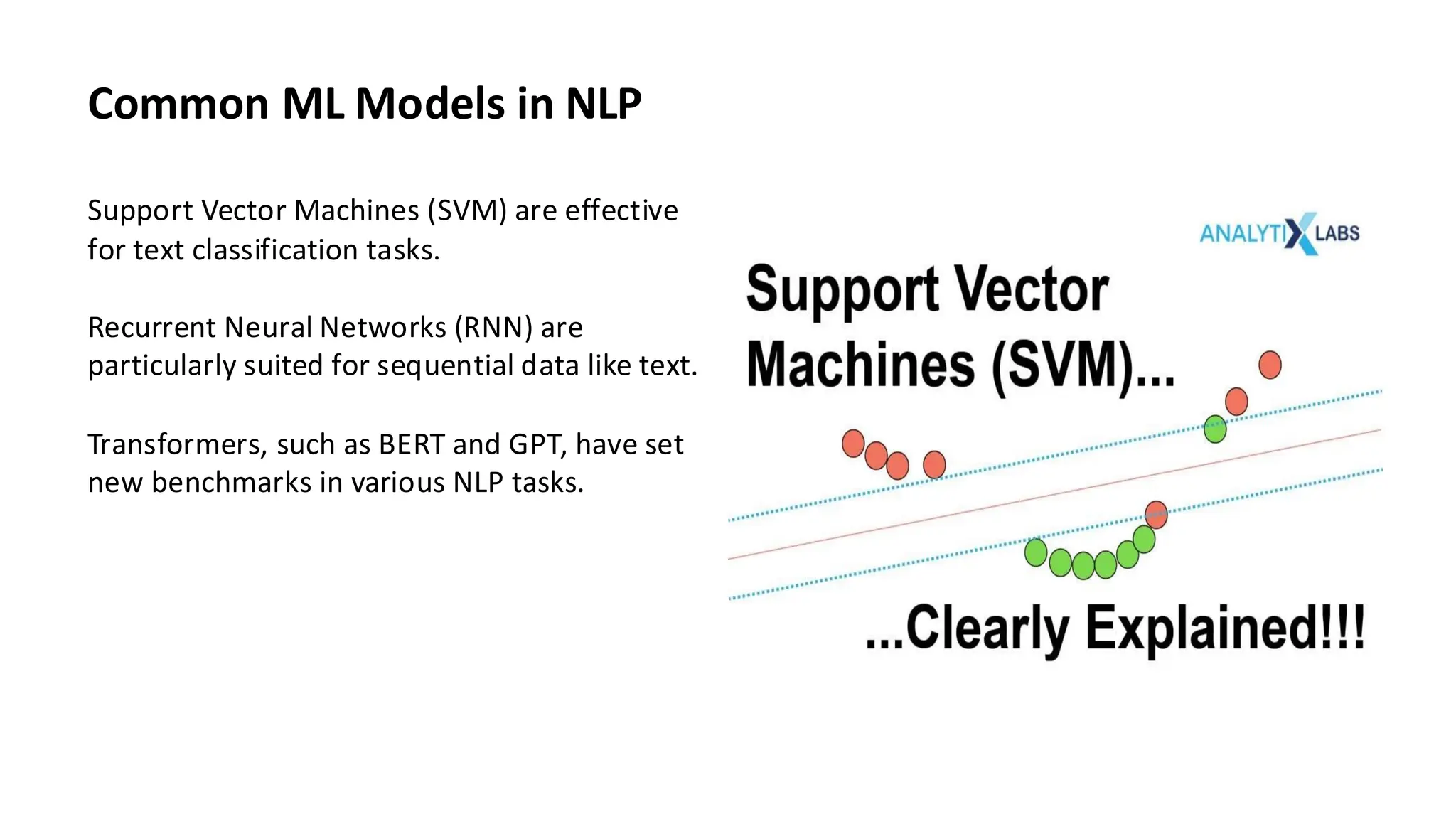 Common ML Models in NLP
Support Vector Machines (SVM) are effective
for text classification tasks.
Recurrent Neural Networks (RNN) are
particularly suited for sequential data like text.
Transformers, such as BERT and GPT, have set
new benchmarks in various NLP tasks.
 