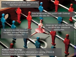 Find great people to work with, be inspired by,
learn from and share with!
Always say ‘yes’; you can figure out
the details later. Embrace all
opportunities.
Professor Helen Partridge
Pro Vice-Chancellor (Scholarly Information and Learning Services) &
Executive Director, Australian Digital Futures Institute
Enjoy being outside your comfort zone. Challenge
yourself, take risks, fail.
Be true to yourself; know your
strengths, and areas to improve.
Follow your passions!
"Monster.com-Ballerina"byCarlosVarela,usedunderCCBy2.0/Croppedfromoriginal
 