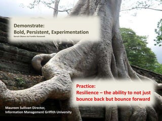 Maureen Sullivan
Director, Information Management
Griffith University
Demonstrate:
Bold, Persistent, Experimentation
Barack Obama via Franklin Roosevelt
Practice:
Resilience – the ability to not just
bounce back but bounce forward
 
