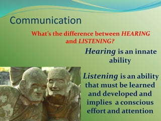 What’s the difference between HEARING
and LISTENING?
Hearing is an innate
ability
Listening is an ability
that must be learned
and developed and
implies a conscious
effort and attention
Communication
 