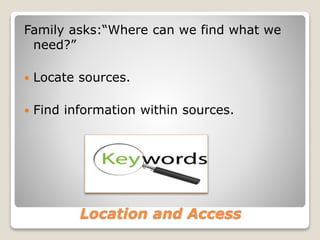 Location and Access
Family asks:“Where can we find what we
need?”
 Locate sources.
 Find information within sources.
 