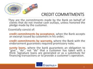CREDIT COMMITMENTS
They are the commitments made by the Bank on behalf of
clients that do not involve cash outlays, unless honored the
pledge made by the customer.
Essentially consist of:
credit commitments by acceptance, when the Bank accepts
an excerpt issued by customers in his order;
credit commitments by warranty, where the Bank with the
endorsement guarantees required promissory note;
surety loans, where the bank guarantees an obligation to
"give", "do", not "do" that a customer has taken with a
third. Signature loans are generated or as a substitute for
financing transactions or to provide a customer's operation.
12
 