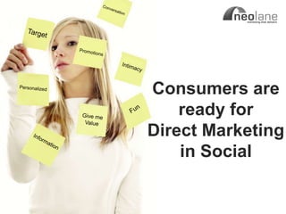 Consumers are
                               ready for
                           Direct Marketing
                               in Social


Copyright Neolane - 2011          Neolane Private and Confidential   18
 
