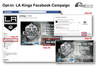 Opt-in: LA Kings Facebook Campaign
                                                             Step #3




                 Step #1
                                                            Step #4



                           Step #2




Copyright Neolane - 2011               Neolane Private and Confidential   21
 
