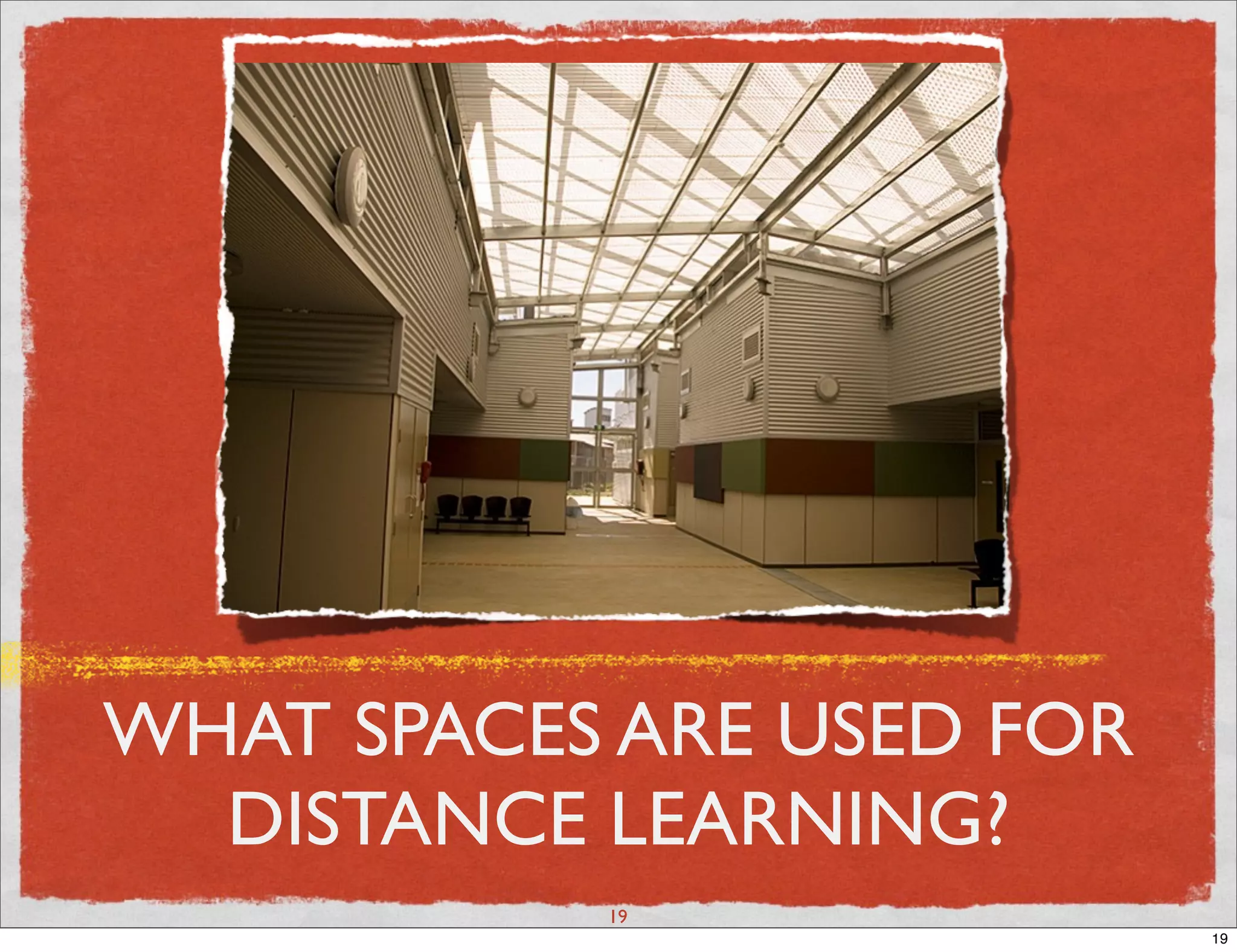 WHAT SPACES ARE USED FOR
  DISTANCE LEARNING?
           19
                           19
 