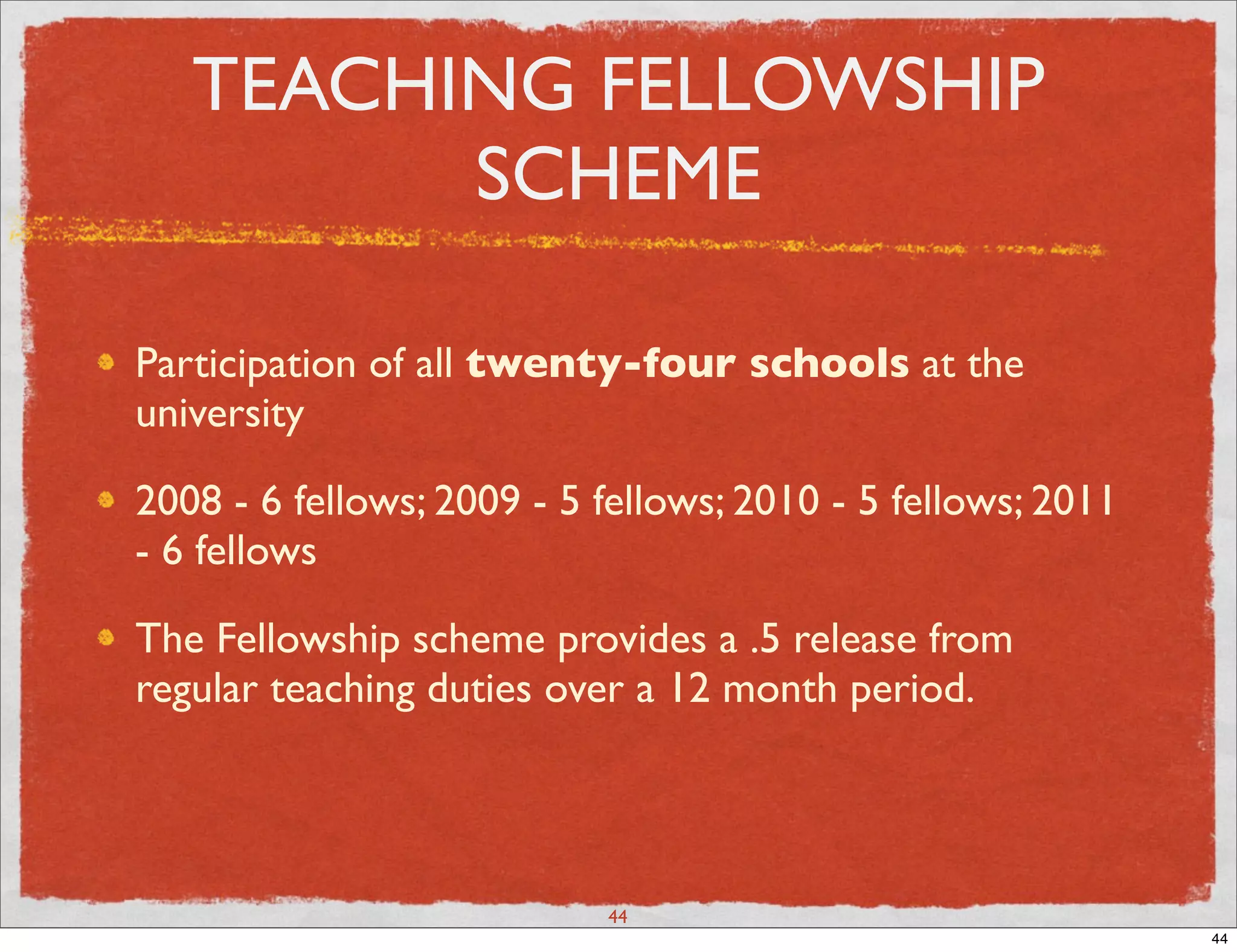 TEACHING FELLOWSHIP
         SCHEME

Participation of all twenty-four schools at the
university

2008 - 6 fellows; 2009 - 5 fellows; 2010 - 5 fellows; 2011
- 6 fellows

The Fellowship scheme provides a .5 release from
regular teaching duties over a 12 month period.




                           44
                                                             44
 